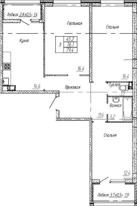 3-комн., 76.1 м², 9/9 этаж, ЖК «Архитектор. ГК ЮгСтройИнвест»