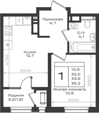 1-комн., 32 м², 12/12 этаж, ЖК «Нагория»
