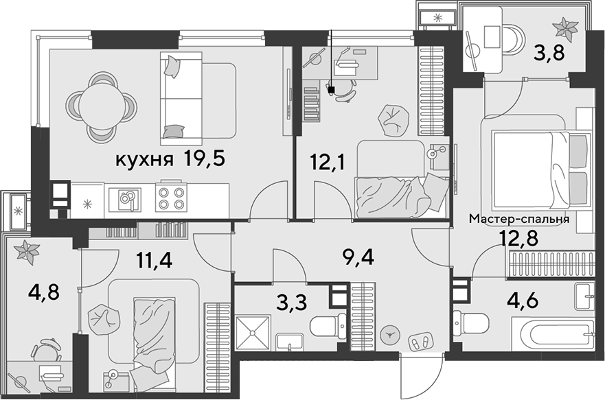 4+ комнаты, 73.1 м², 4/9 этаж, ЖК «Парк Победы»