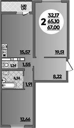 2-комн., 65.1 м², 9/9 этаж, ЖК «Предгорье Лаго-Наки»