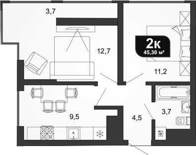 2-комн., 40.4 м², 8/19 этаж, ЖК «Сочи Парк»