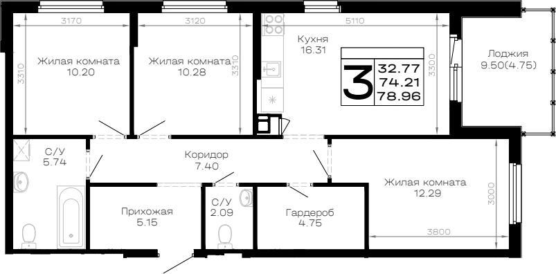 Продается 3-комн. квартира, 74.21 м²