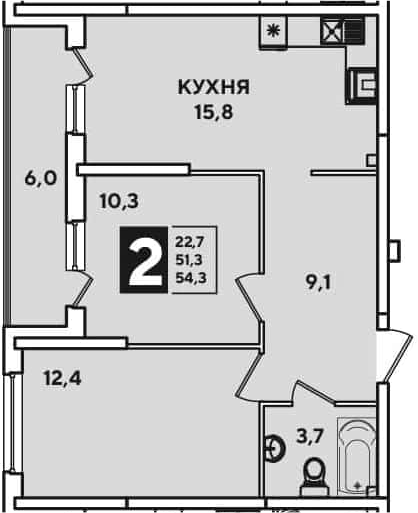 3-комн., 51.3 м², 2/16 этаж, ЖК «Самолет»