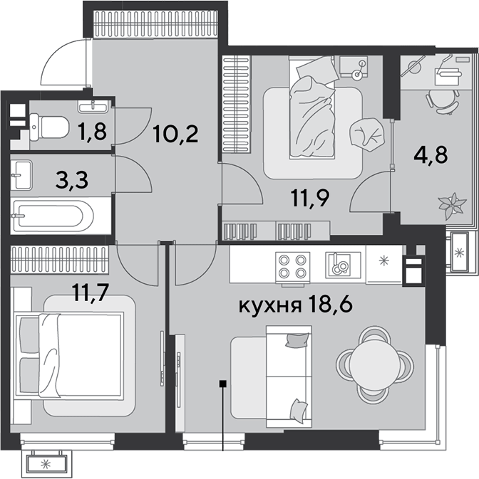 3-комн., 57.5 м², 4/9 этаж, ЖК «Парк Победы»
