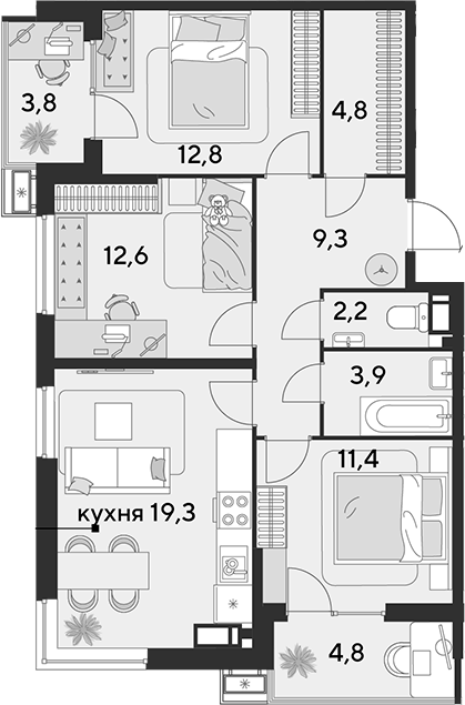 4+ комнаты, 76.3 м², 13/18 этаж, ЖК «Парк Победы»