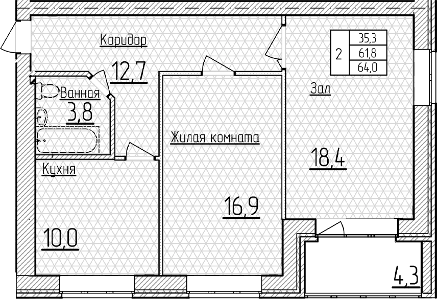 2-комн., 61.85 м², 4/5 этаж, ЖК «Фестивальный»