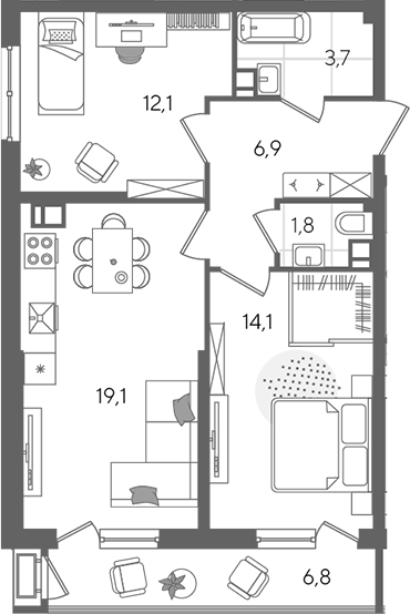 3-комн., 57.7 м², 4/24 этаж, ЖК «Рекорд»