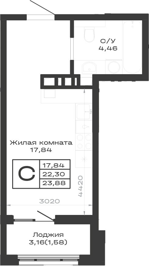 Студия, 22.3 м², 9/9 этаж, ЖК «Суворов. ГК Во-первых»