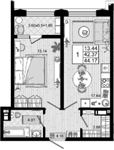 1-комн., 42.37 м², 6/8 этаж, ЖК «Резиденция морей»