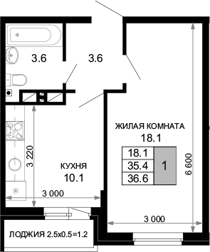 1-комн., 35.4 м², 5/16 этаж, ЖК «Дыхание»