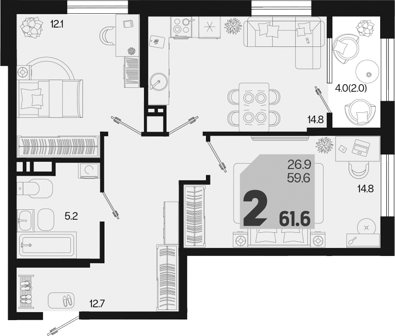 2-комн., 59.6 м², 7/18 этаж, ЖК «Первое место»