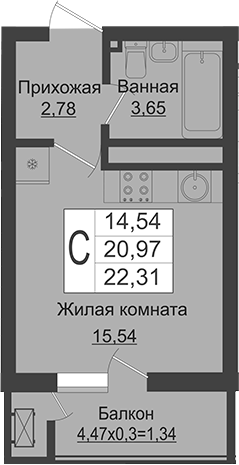 Студия, 20.97 м², 16/16 этаж, ЖК «Зеленый театр»