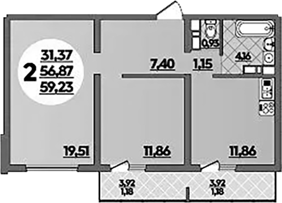 2-комн., 56.87 м², 7/9 этаж, ЖК «Предгорье Лаго-Наки»