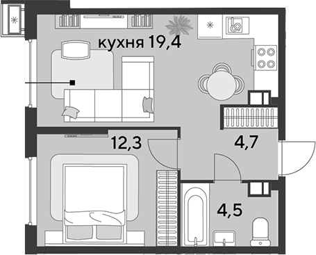 2-комн., 40.9 м², 4/9 этаж, ЖК «Парк Победы»