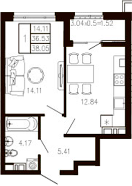 1-комн., 36.58 м², 7/9 этаж, ЖК «Суворов»