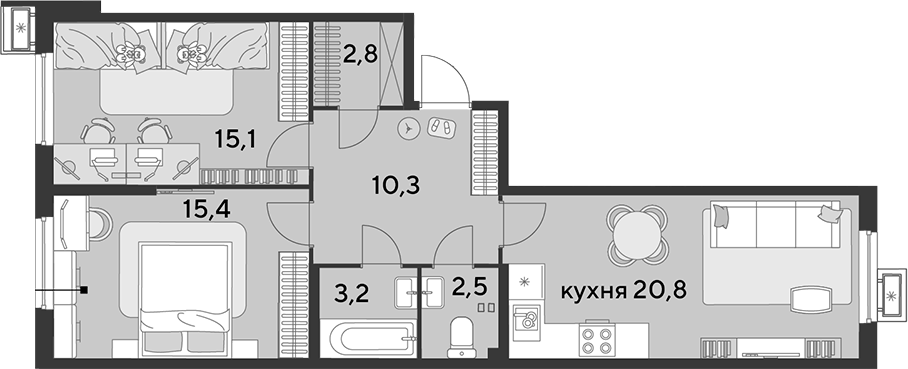 3-комн., 70.1 м², 2/18 этаж, ЖК «Парк Победы»