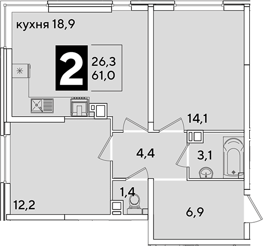 3-комн., 61 м², 5/16 этаж, ЖК «Самолет»