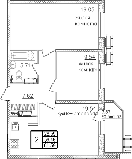 3-комн., 59.46 м², 17/23 этаж, ЖК «Урал»