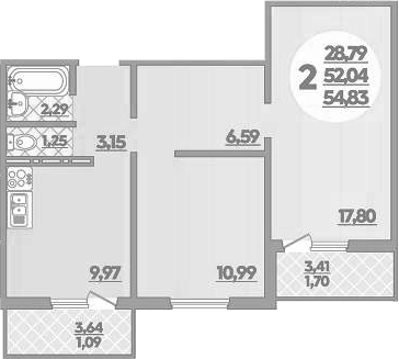 2-комн., 52.04 м², 1/16 этаж, ЖК «Горгиппия»