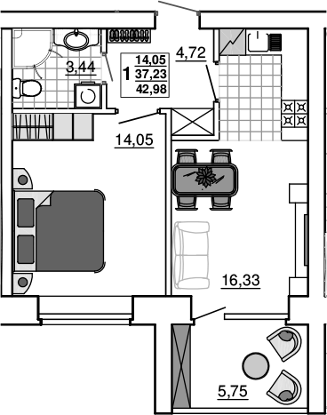 1-комн., 37.23 м², 4/5 этаж, ЖК «Новый Город. СЗ Премьерстрой»