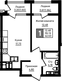 1-комн., 39.19 м², 13/18 этаж, ЖК «Резиденция морей»