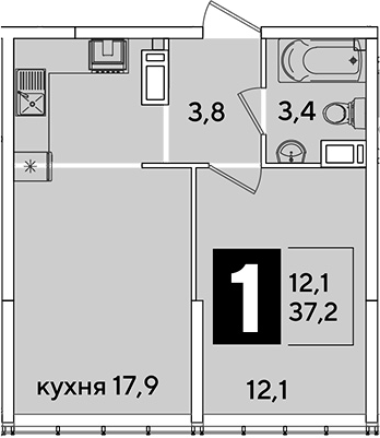 2-комн., 37.2 м², 15/16 этаж, ЖК «Самолет»