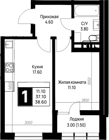 1-комн., 37.1 м², 3/9 этаж, ЖК «На высоком берегу»
