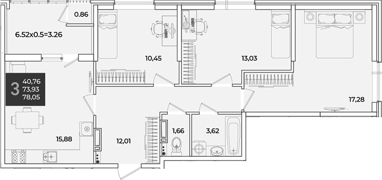 3-комн., 73.93 м², 12/18 этаж, ЖК «Образцово»