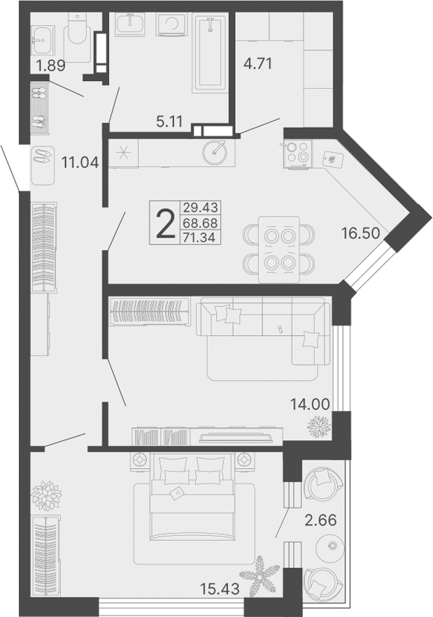 2-комн., 68.68 м², 17/17 этаж, ЖК «Светский лес»