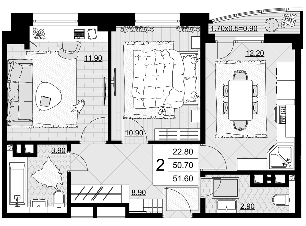 2-комн., 50.7 м², 3/9 этаж, ЖК «Песчаный»