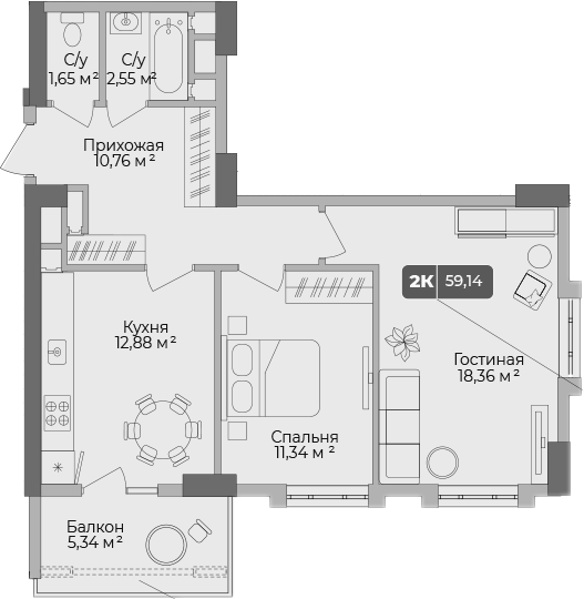 2-комн., 57.41 м², 2/17 этаж, ЖК «Золотой берег. СЗ Среда»