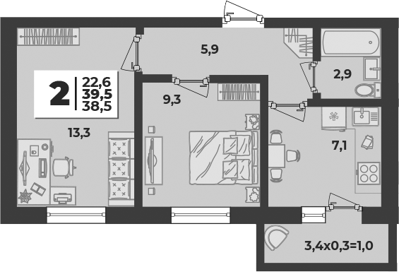 2-комн., 38.5 м², 4/5 этаж, ЖК «Дарград»