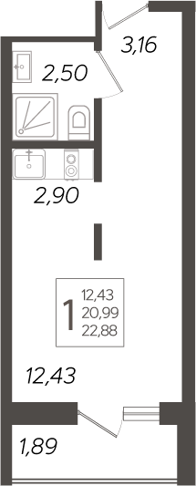 Студия, 20.99 м², 18/19 этаж, ЖК «Кислород»