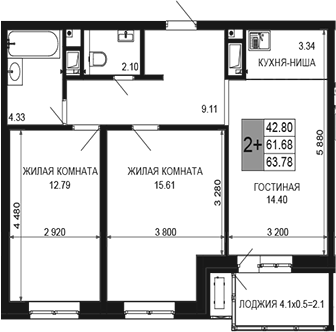 3-комн., 61.68 м², 11/16 этаж, ЖК «Сегодня»