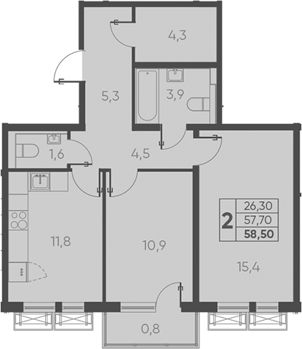 2-комн., 57.7 м², 23/24 этаж, ЖК «Барса»