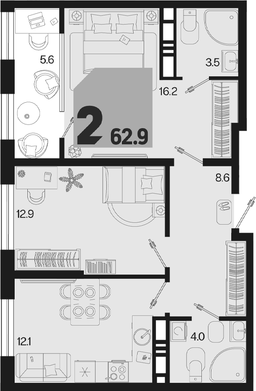 2-комн., 57.3 м², 18/18 этаж, ЖК «Первое место»