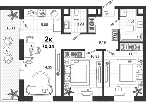 2-комн., 59.93 м², 2/18 этаж, ЖК «Родные Просторы»