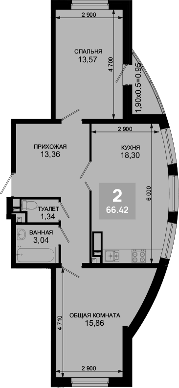 3-комн., 65.47 м², 11/19 этаж, ЖК «Лучший»