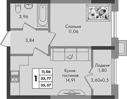 1-комн., 33.77 м², 9/9 этаж, ЖК «Зеленая территория»