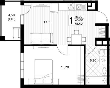 1-комн., 40 м², 4/7 этаж, ЖК «Кипарис»