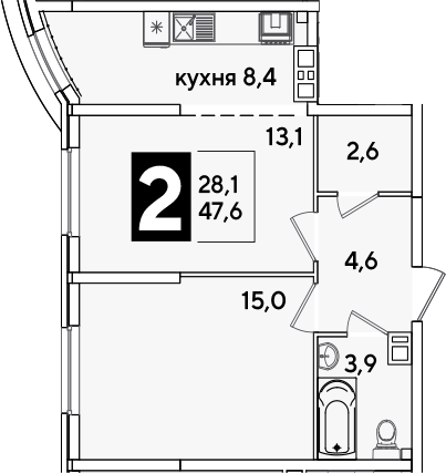 2-комн., 47.6 м², 6/16 этаж, ЖК «Самолет»