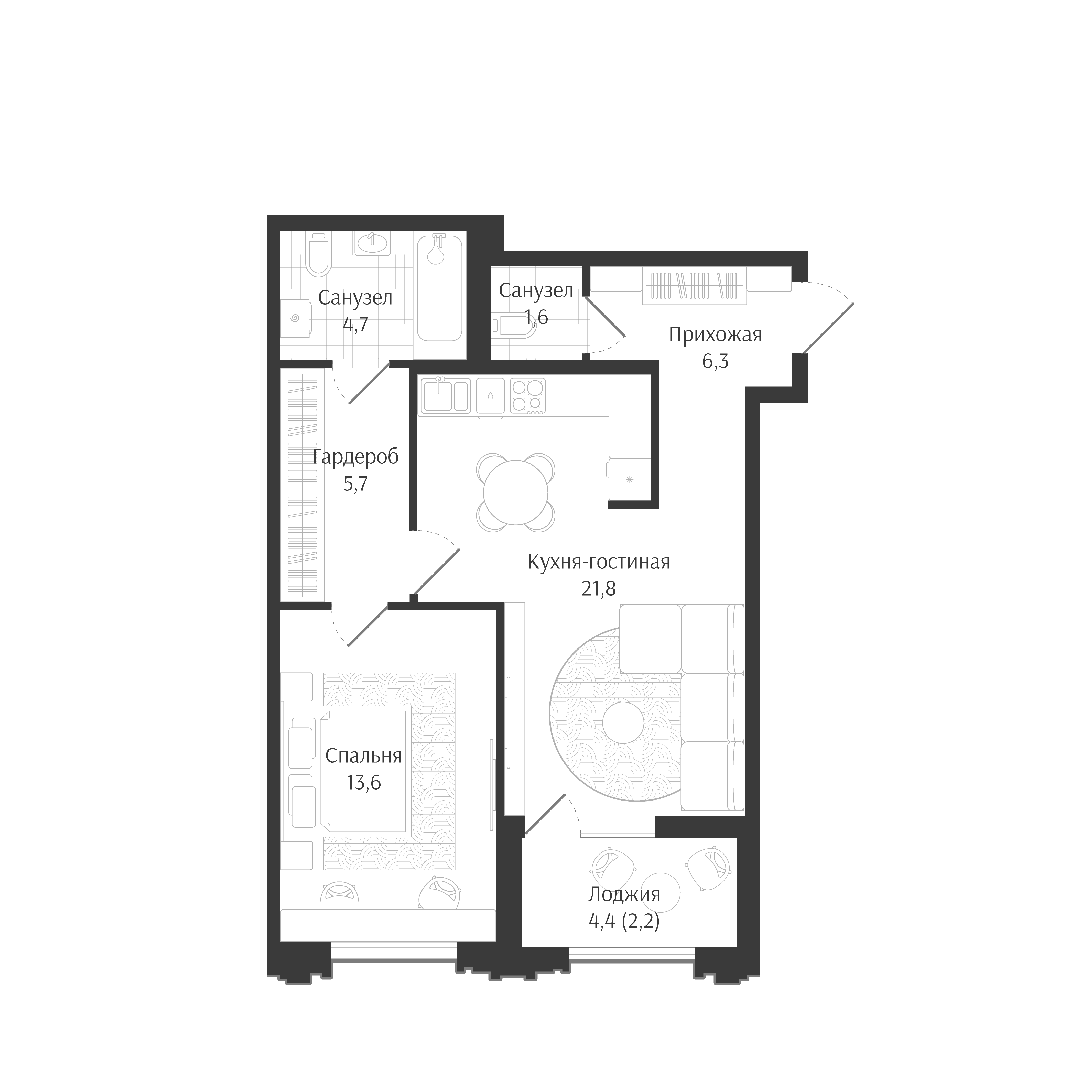 2-комн., 53.7 м², 7/7 этаж, ЖК «Брют Резиденс»
