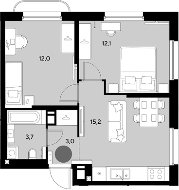3-комн., 46 м², 6/16 этаж, ЖК «Грейд»