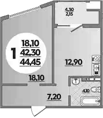 1-комн., 42.3 м², 2/16 этаж, ЖК «Горгиппия»