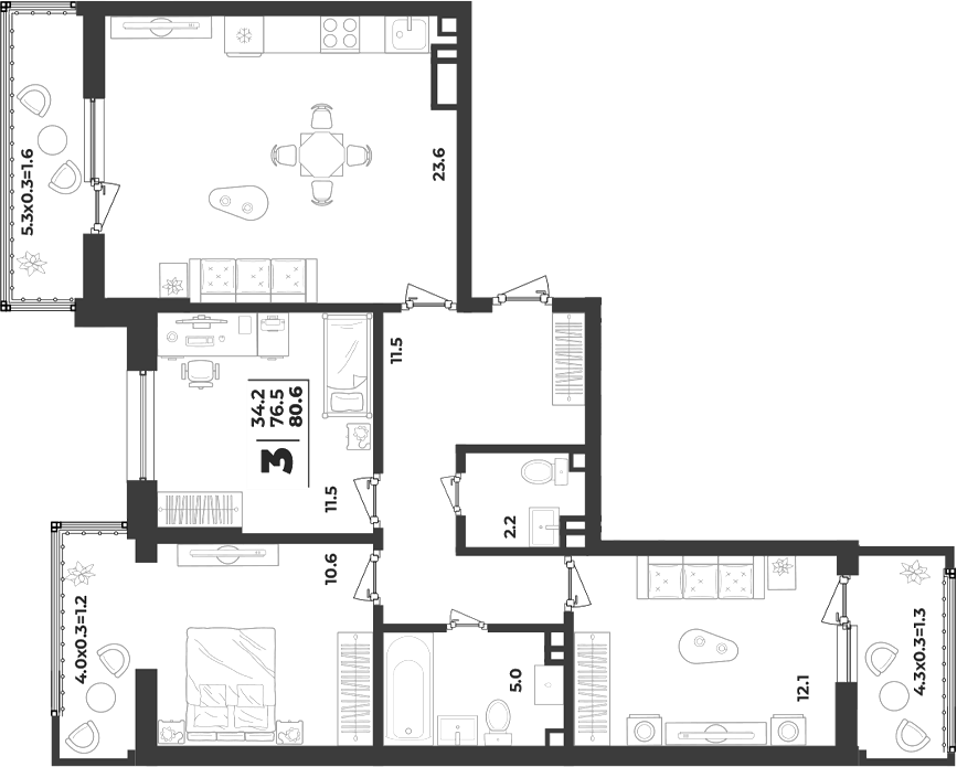 3-комн., 76.5 м², 7/9 этаж, ЖК «Лето»