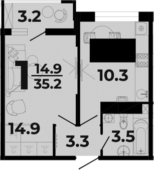 1-комн., 32 м², 7/8 этаж, ЖК «Горячий»