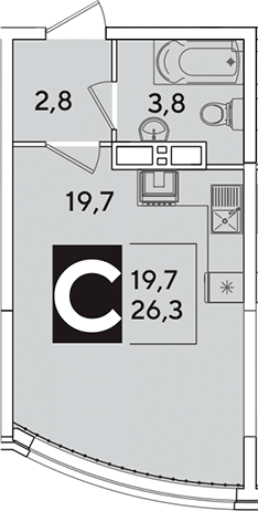Студия, 26.3 м², 13/16 этаж, ЖК «Самолет»