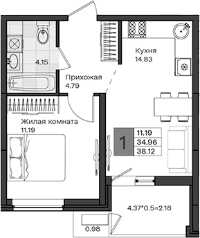 1-комн., 34.96 м², 6/8 этаж, ЖК «МОНО квартал»