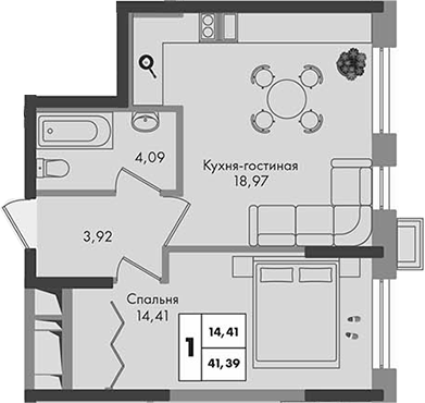 1-комн., 41.39 м², 4/9 этаж, ЖК «Зеленая территория»