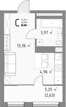 Студия, 22.29 м², 6/9 этаж, ЖК «Коллекция»